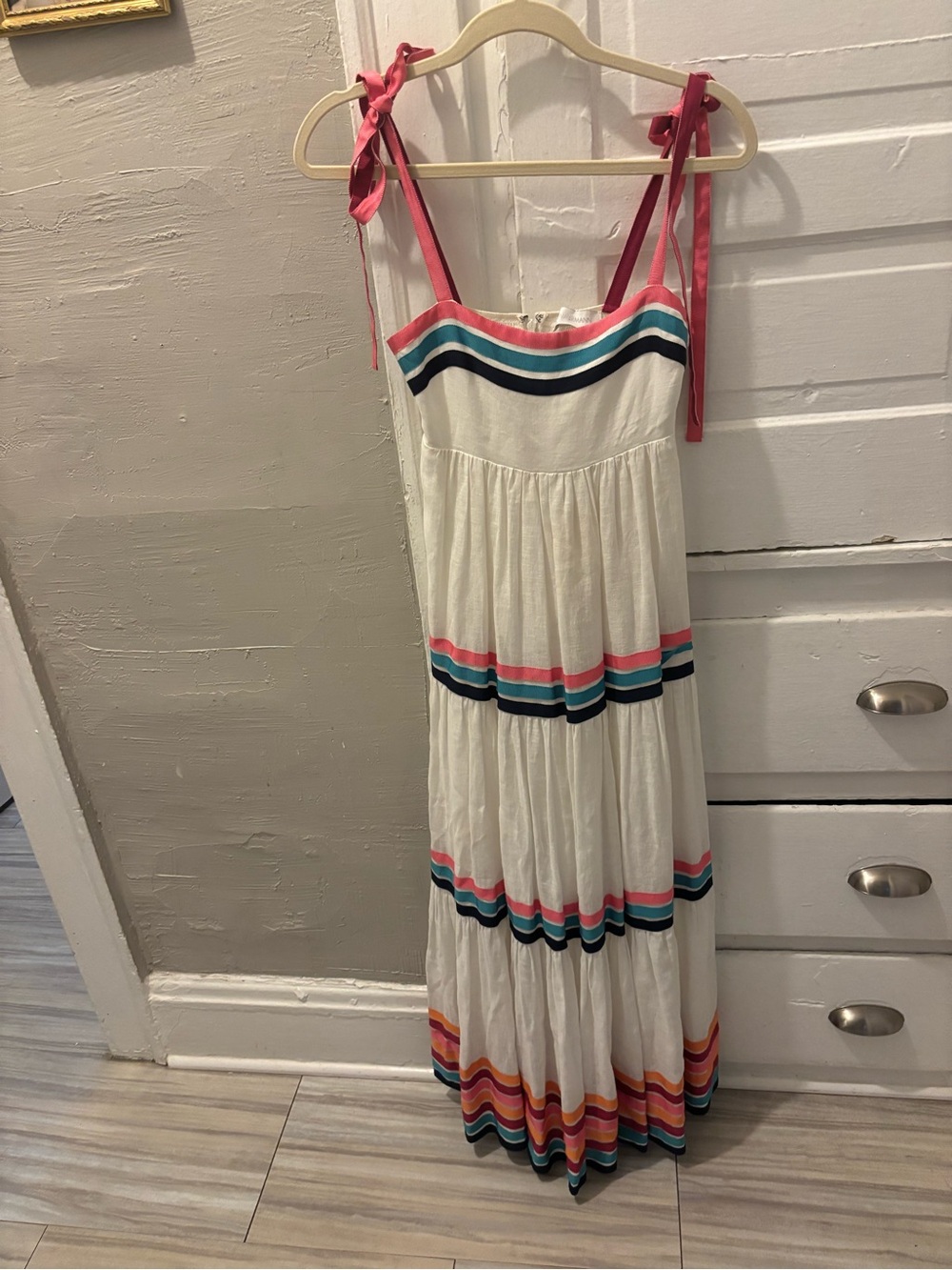 Zimmermann Tiered Maxi Dress with Pink Tie Straps